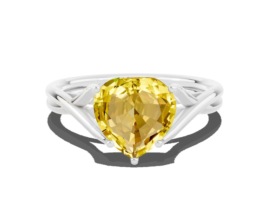 White gold Heart Cut Yellow Sapphire Solitaire Twist Band Prong Setting Ring_127