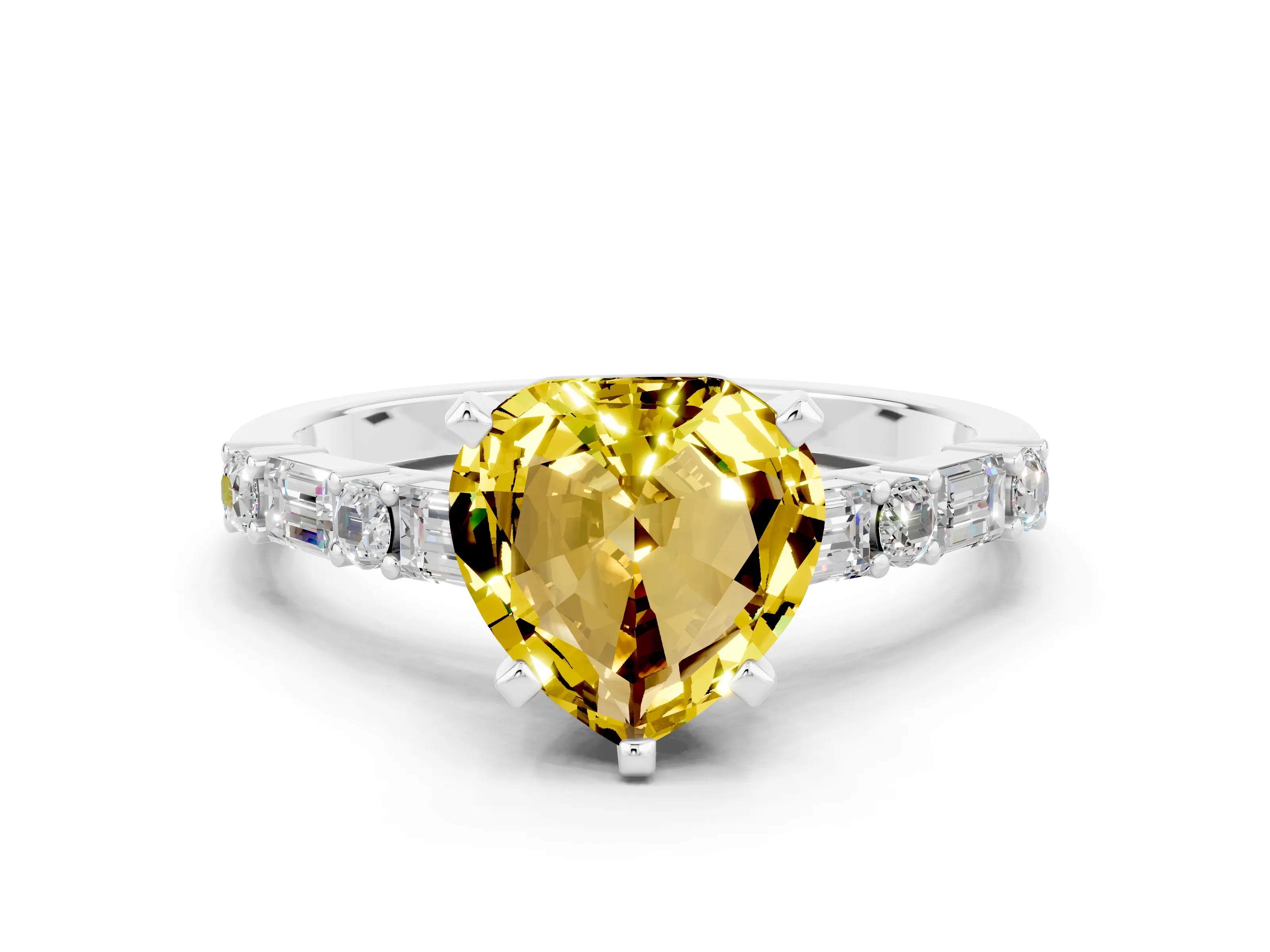 White gold Heart Cut Yellow Sapphire Solitaire with Side Baguettes and Channel Set Band_24