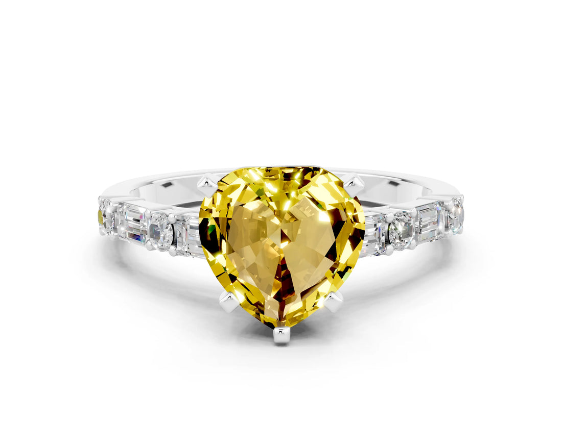 White gold Heart Cut Yellow Sapphire Solitaire with Side Baguettes and Channel Set Band_24