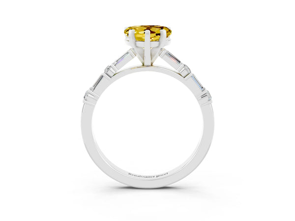 Silver Heart Cut Yellow Sapphire Solitaire with Side Baguettes and Channel Set Band