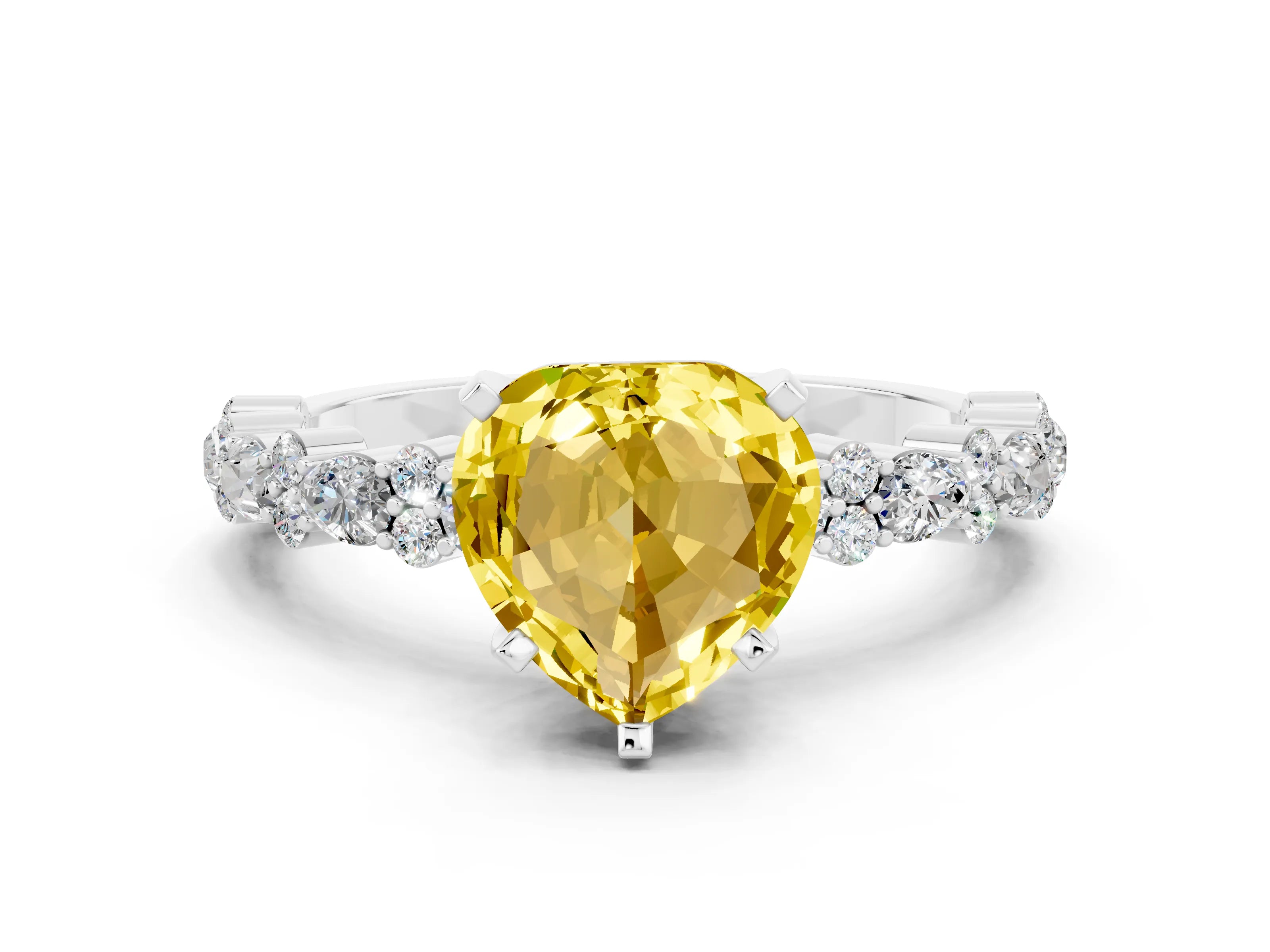 White gold Heart Cut Yellow Sapphire Solitaire with Side Stones, Pave Band, Four-Prong Setting_24