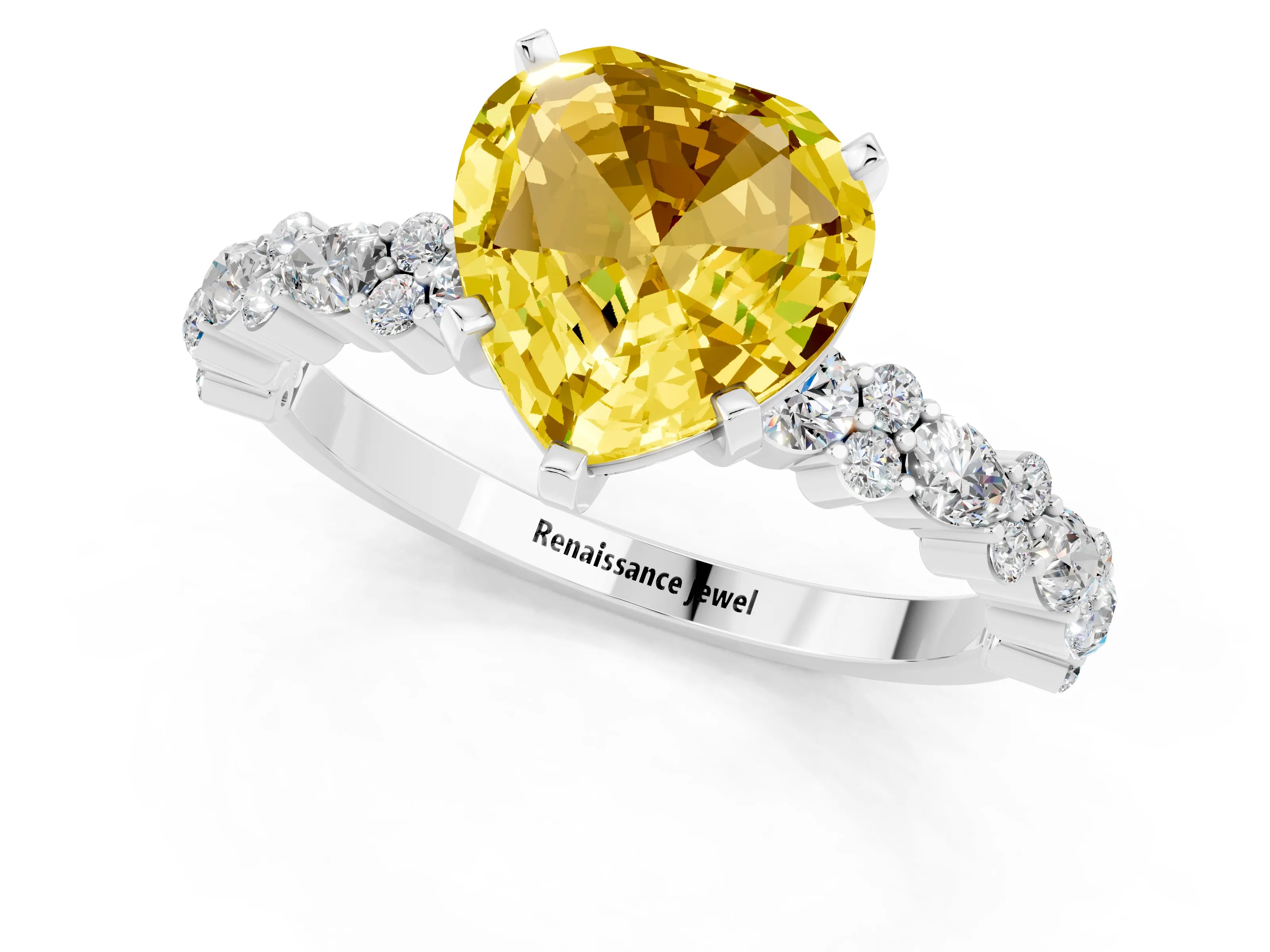 White gold Heart Cut Yellow Sapphire Solitaire with Side Stones, Pave Band, Four-Prong Setting_25