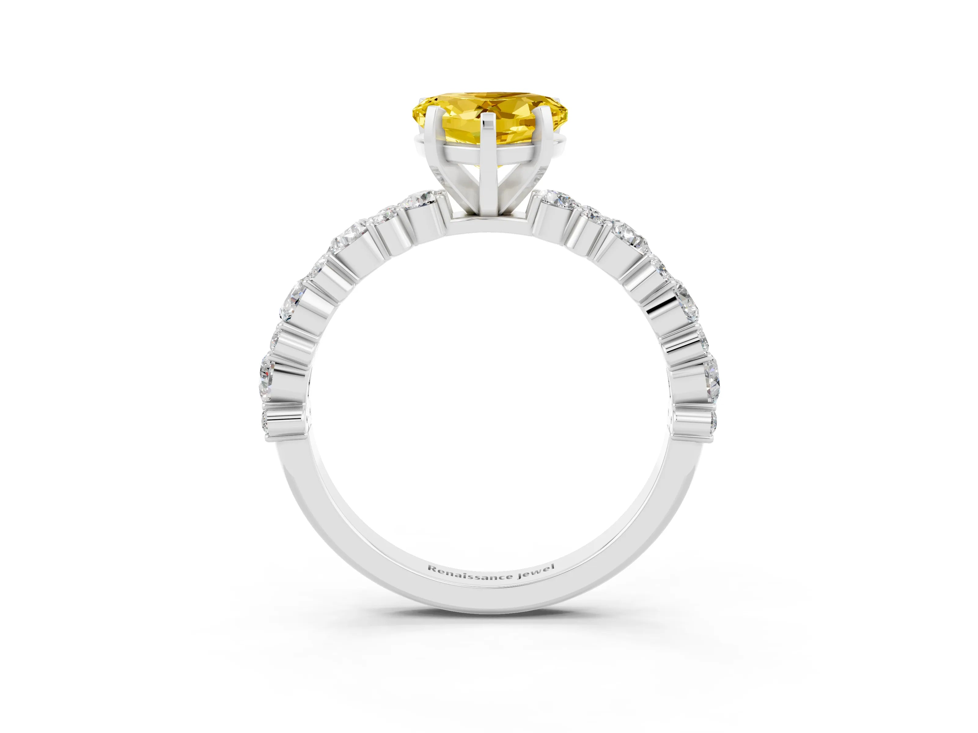 White gold Heart Cut Yellow Sapphire Solitaire with Side Stones, Pave Band, Four-Prong Setting_27