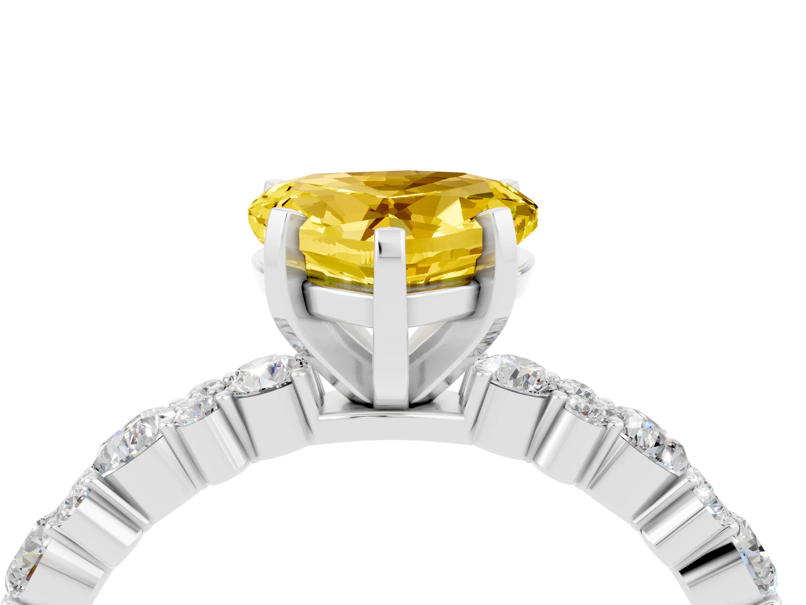 White gold Heart Cut Yellow Sapphire Solitaire with Side Stones, Pave Band, Four-Prong Setting_28