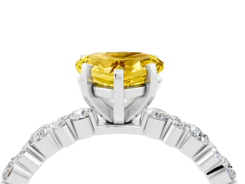 White gold Heart Cut Yellow Sapphire Solitaire with Side Stones, Pave Band, Four-Prong Setting_28