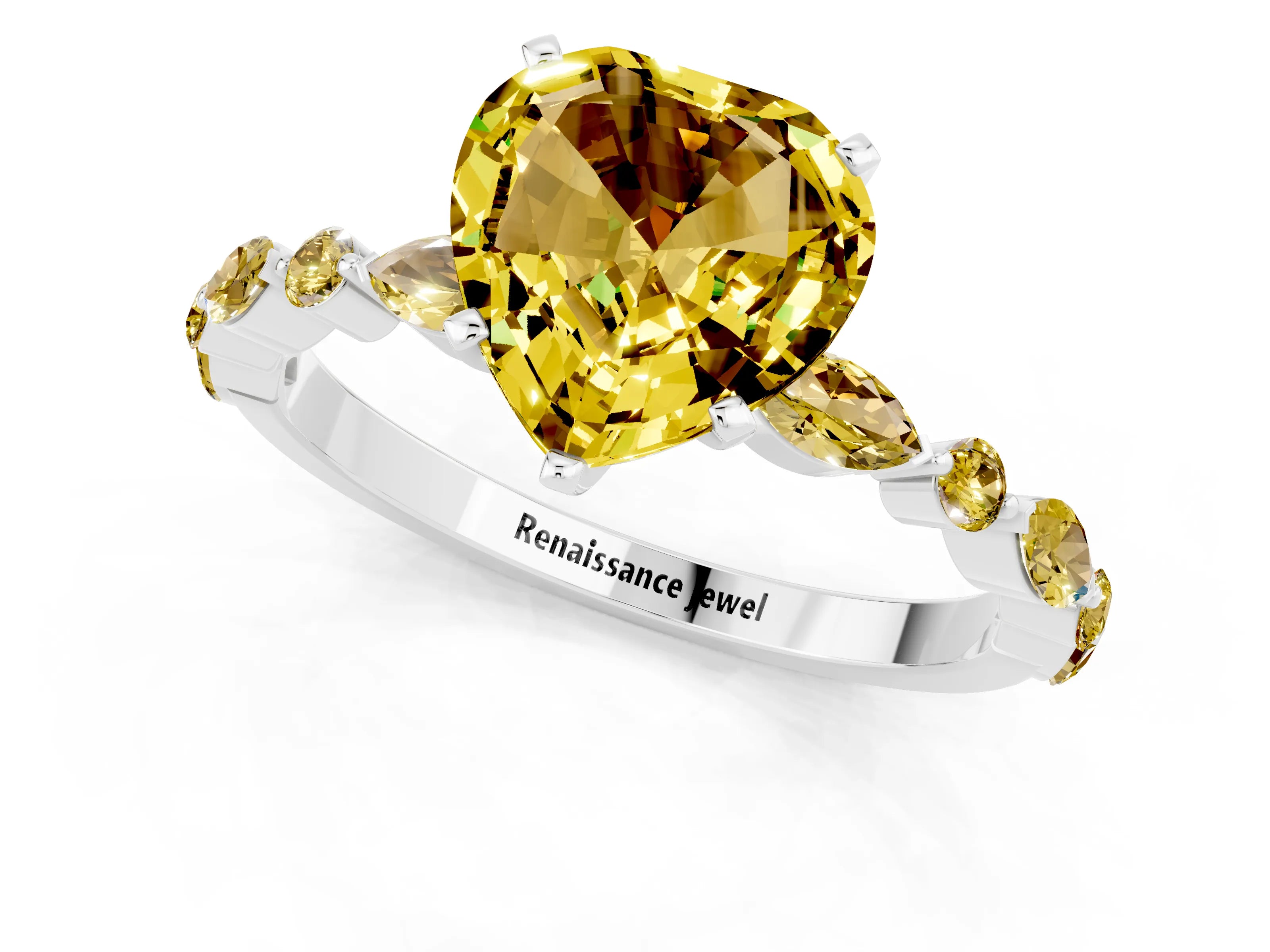 White gold Heart Cut Yellow Sapphire Solitaire with Side Stones on a Pavé Band and Four-Prong Setting_1