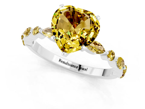 White gold Heart Cut Yellow Sapphire Solitaire with Side Stones on a Pavé Band and Four-Prong Setting_1