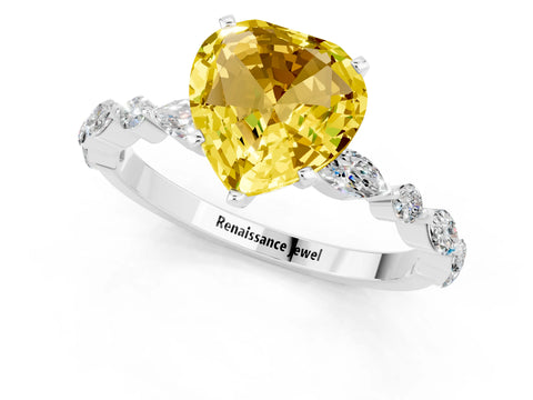 White gold Heart Cut Yellow Sapphire Solitaire with Side Stones on a Pavé Band and Four-Prong Setting_25