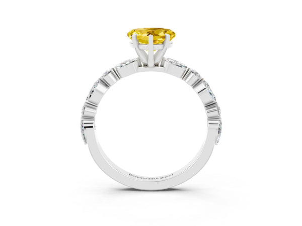 Platinum Heart Cut Yellow Sapphire Ring with Marquise and Round  Side Stones and Four-Prong Setting