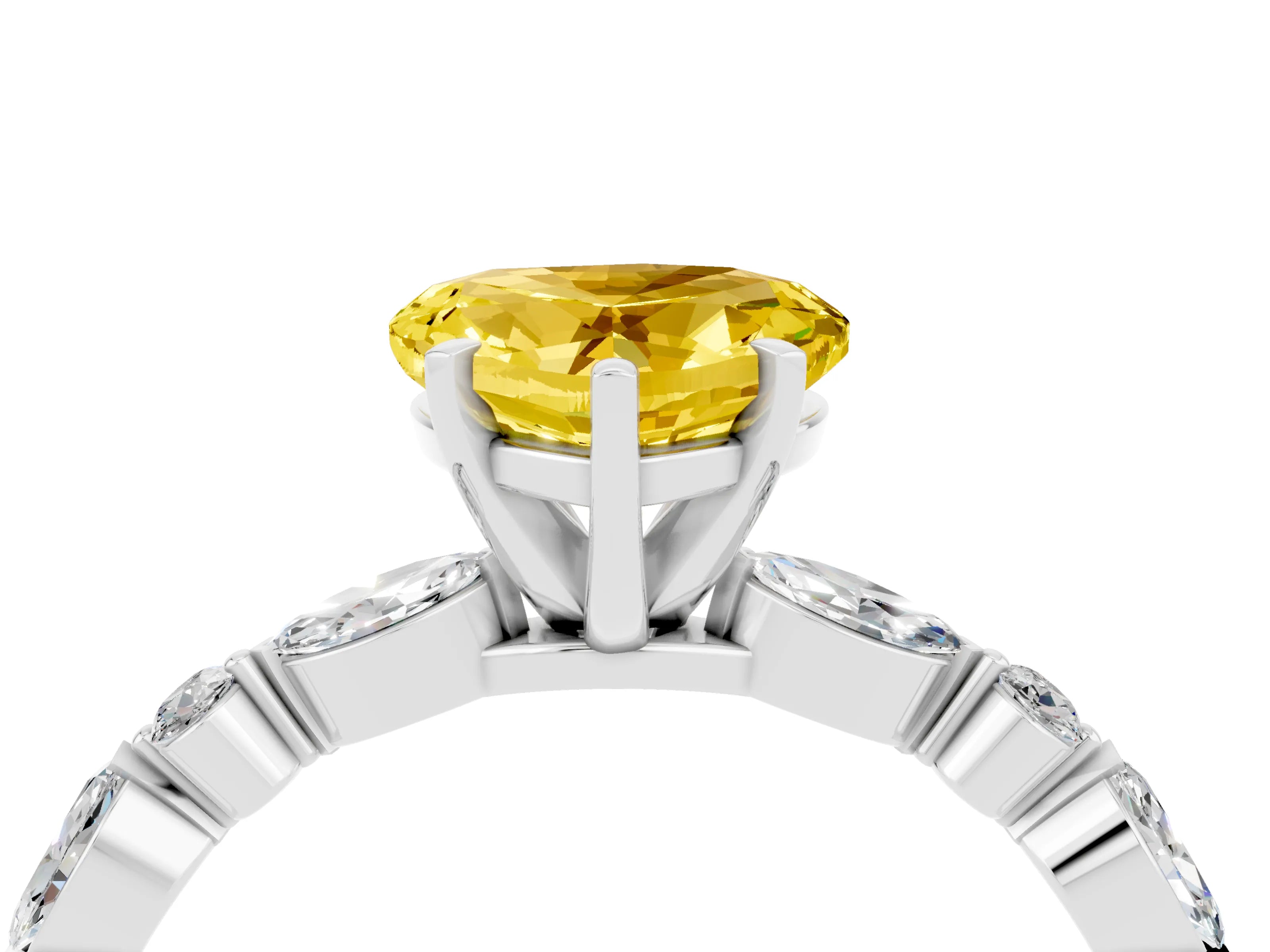 White gold Heart Cut Yellow Sapphire Solitaire with Side Stones on a Pavé Band and Four-Prong Setting_28