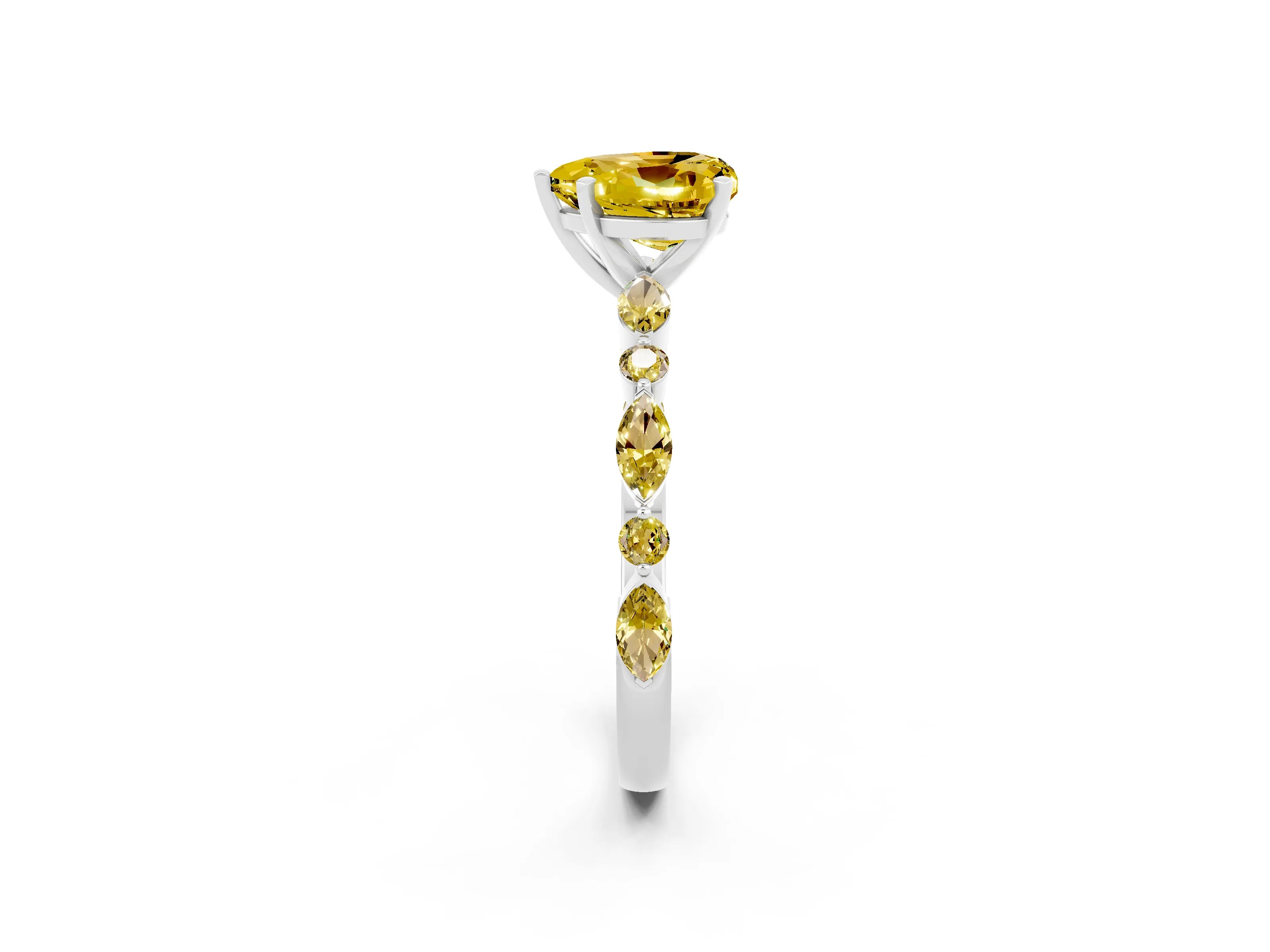 White gold Heart Cut Yellow Sapphire Solitaire with Side Stones on a Pavé Band and Four-Prong Setting_2