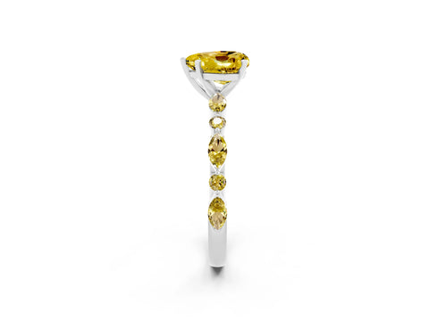 White gold Heart Cut Yellow Sapphire Solitaire with Side Stones on a Pavé Band and Four-Prong Setting_2
