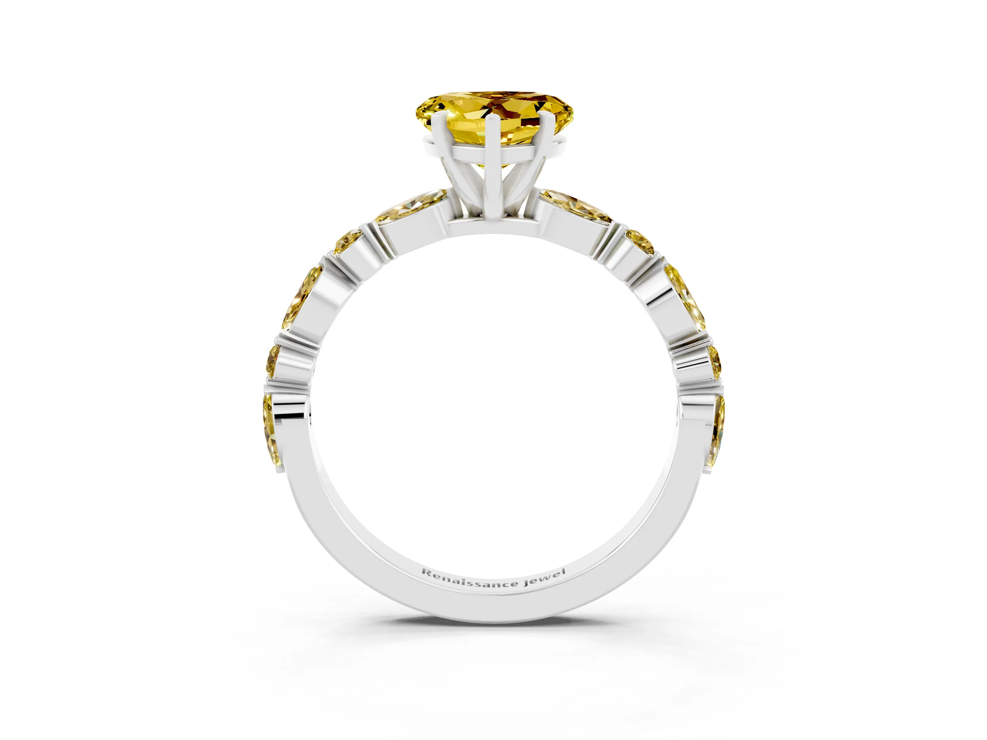 White gold Heart Cut Yellow Sapphire Solitaire with Side Stones on a Pavé Band and Four-Prong Setting_3
