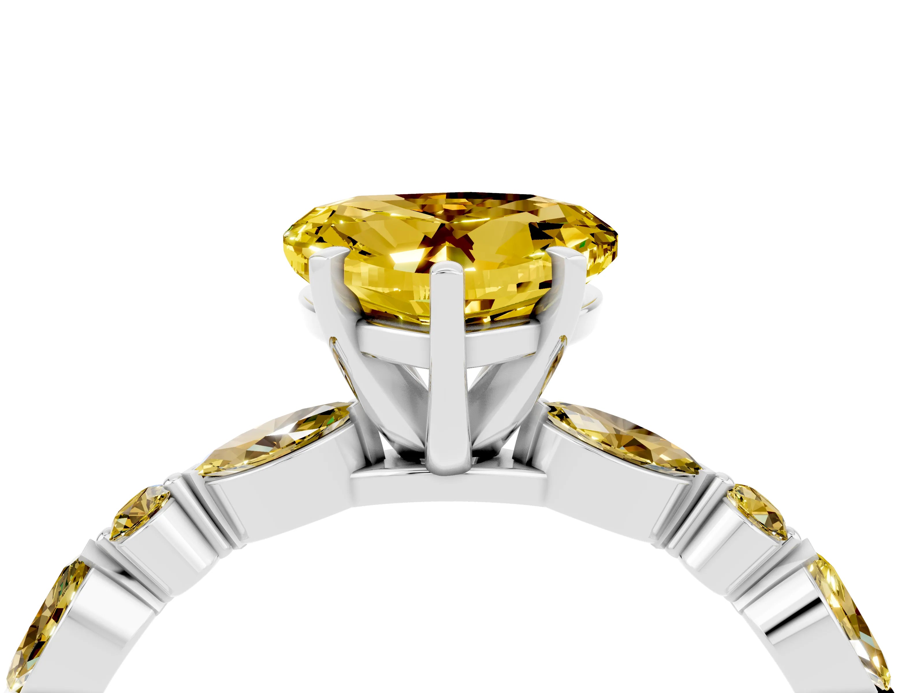 White gold Heart Cut Yellow Sapphire Solitaire with Side Stones on a Pavé Band and Four-Prong Setting_4