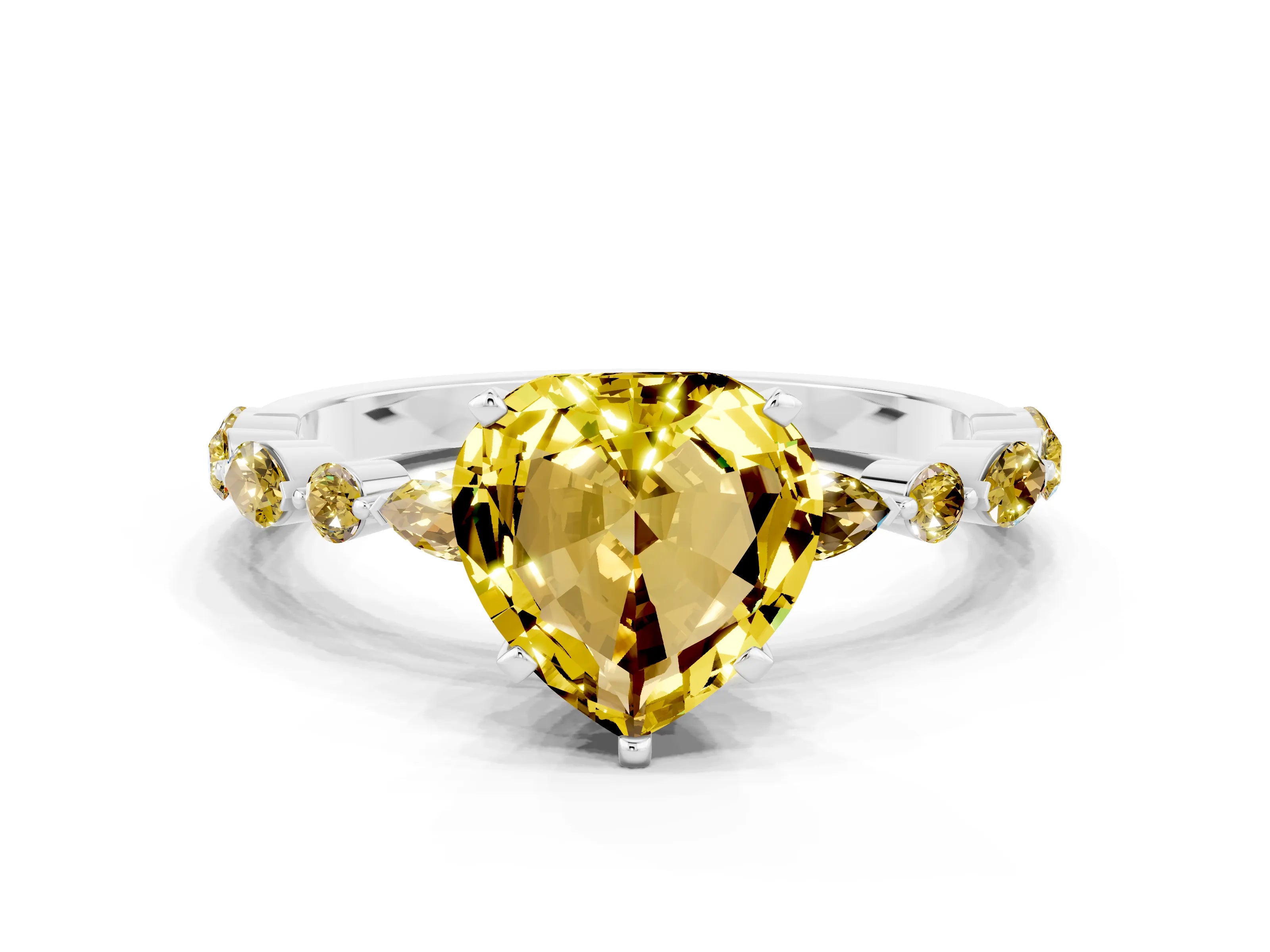 White gold Heart Cut Yellow Sapphire Solitaire with Side Stones on a Pavé Band and Four-Prong Setting