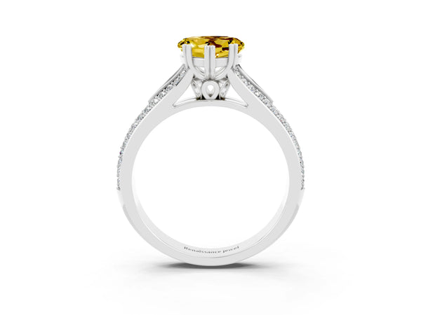 Silver Heart Cut Yellow Sapphire Split Shank Engagement Ring with Pavé Band