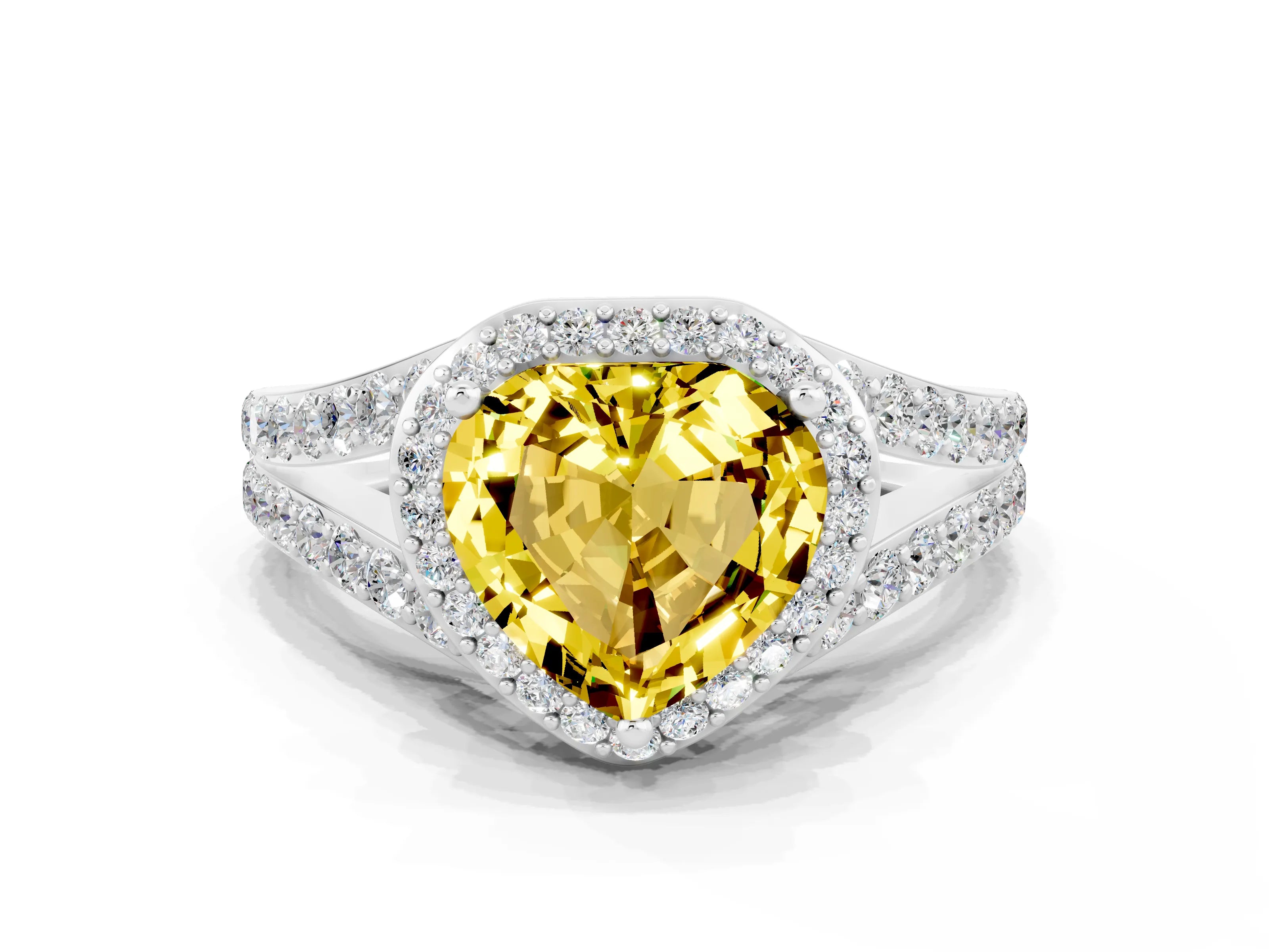 White gold Heart Cut Yellow Sapphire Split Shank Halo Ring with Four-Prong Setting_58