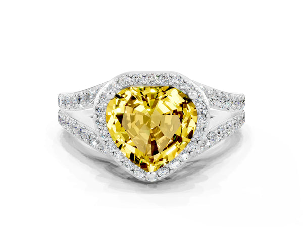 White gold Heart Cut Yellow Sapphire Split Shank Halo Ring with Four-Prong Setting