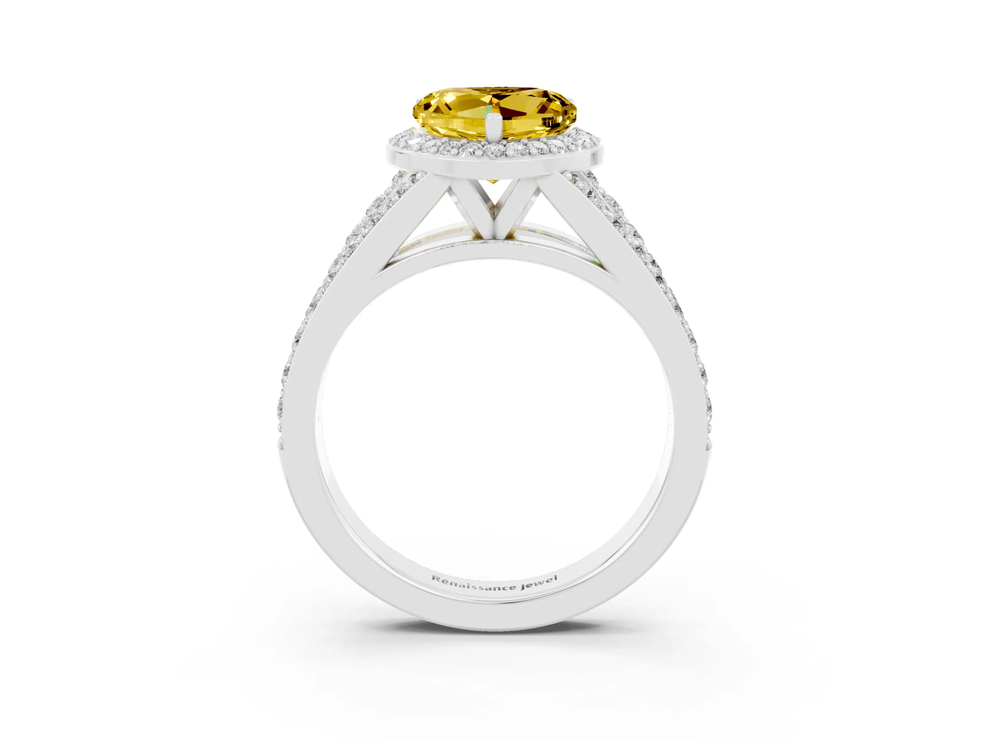 White gold Heart Cut Yellow Sapphire Split Shank Halo Ring with Four-Prong Setting_61