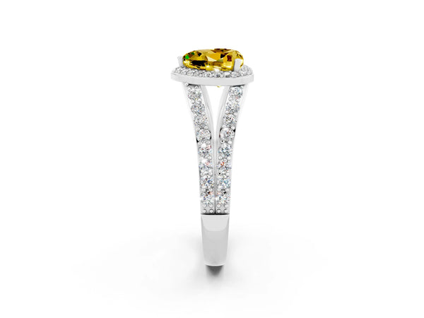 White gold Heart Cut Yellow Sapphire Split Shank Halo Ring with Four-Prong Setting