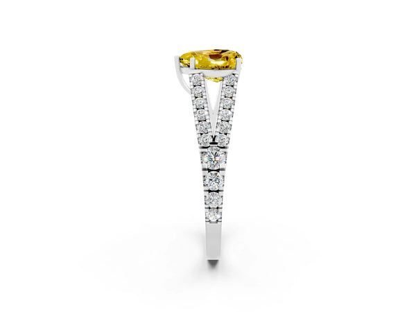 White gold Heart Cut Yellow Sapphire Split Shank Pavé Engagement Ring with Four-Prong Setting