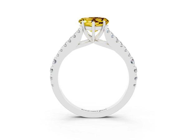 White gold Heart Cut Yellow Sapphire Split Shank Pavé Engagement Ring with Four-Prong Setting