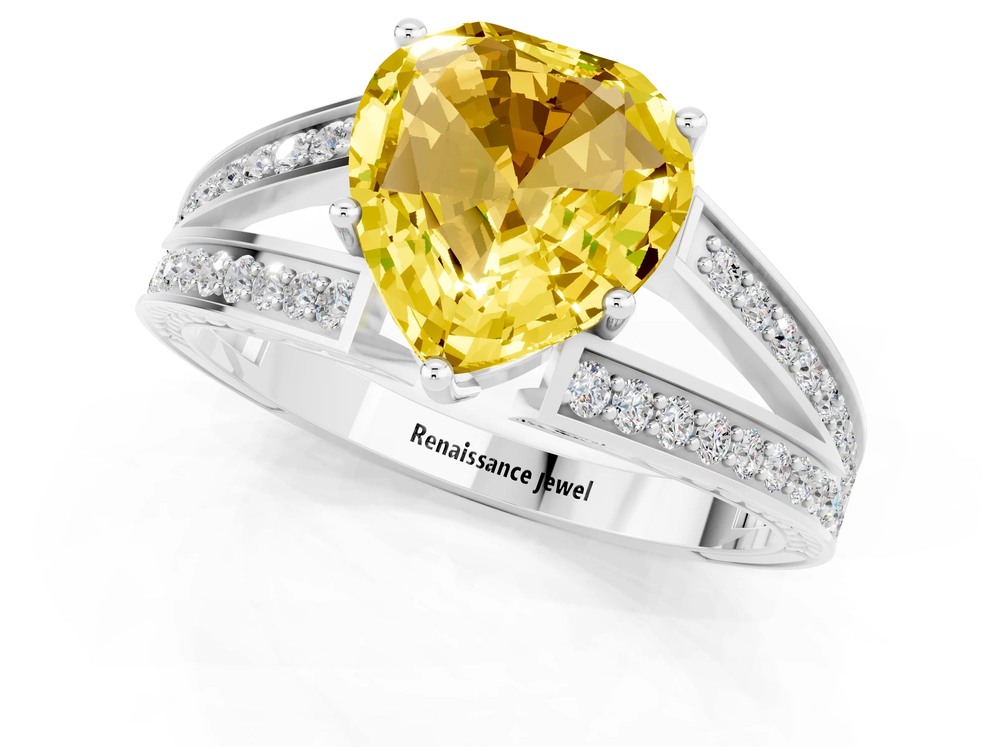 White gold Heart Cut Yellow Sapphire Split Shank Ring with Pavé Band and Four-Prong Setting_1