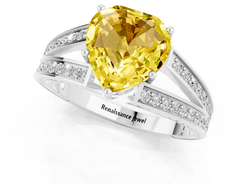 White gold Heart Cut Yellow Sapphire Split Shank Ring with Pavé Band and Four-Prong Setting_1