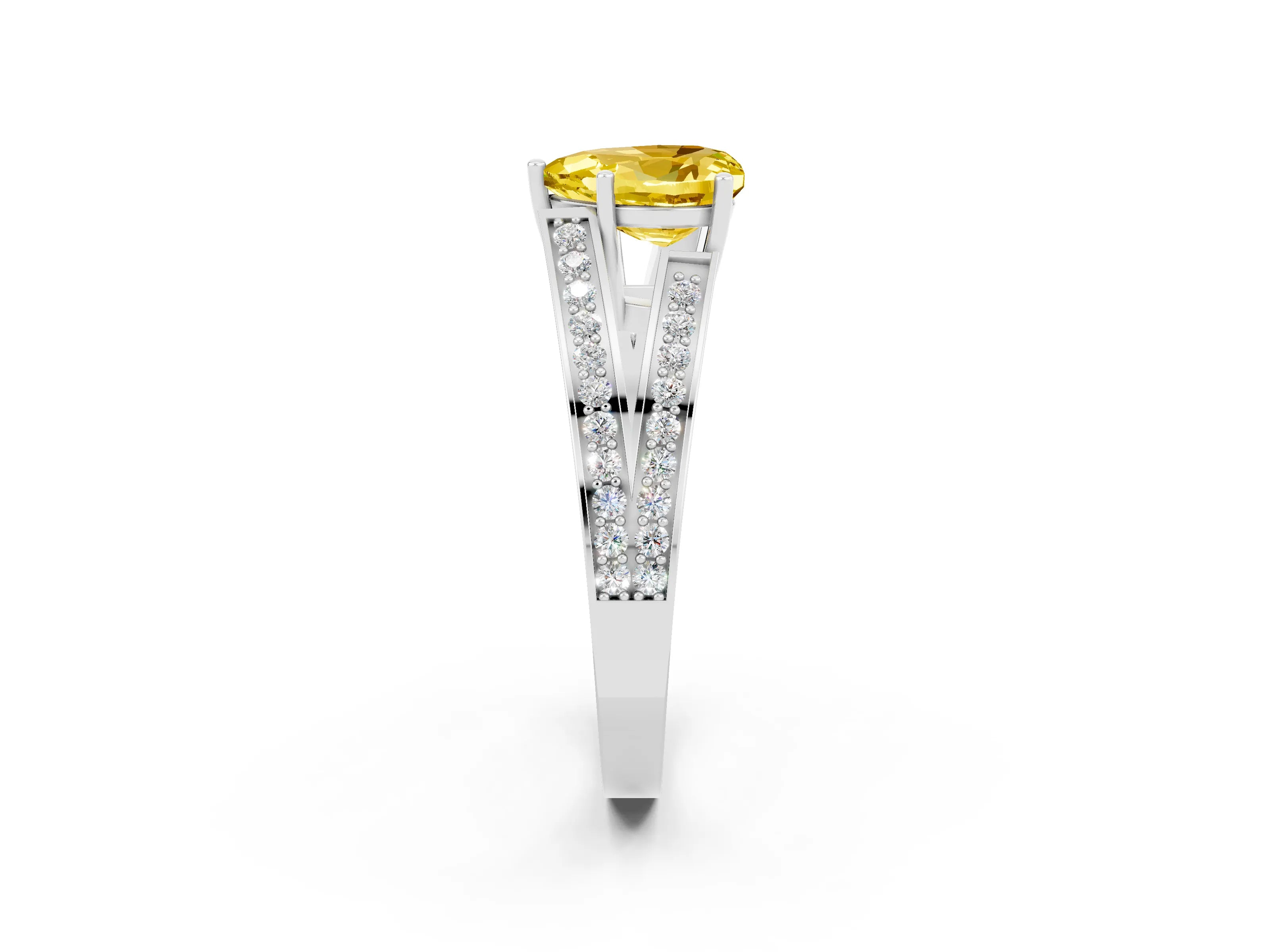 White gold Heart Cut Yellow Sapphire Split Shank Ring with Pavé Band and Four-Prong Setting_2