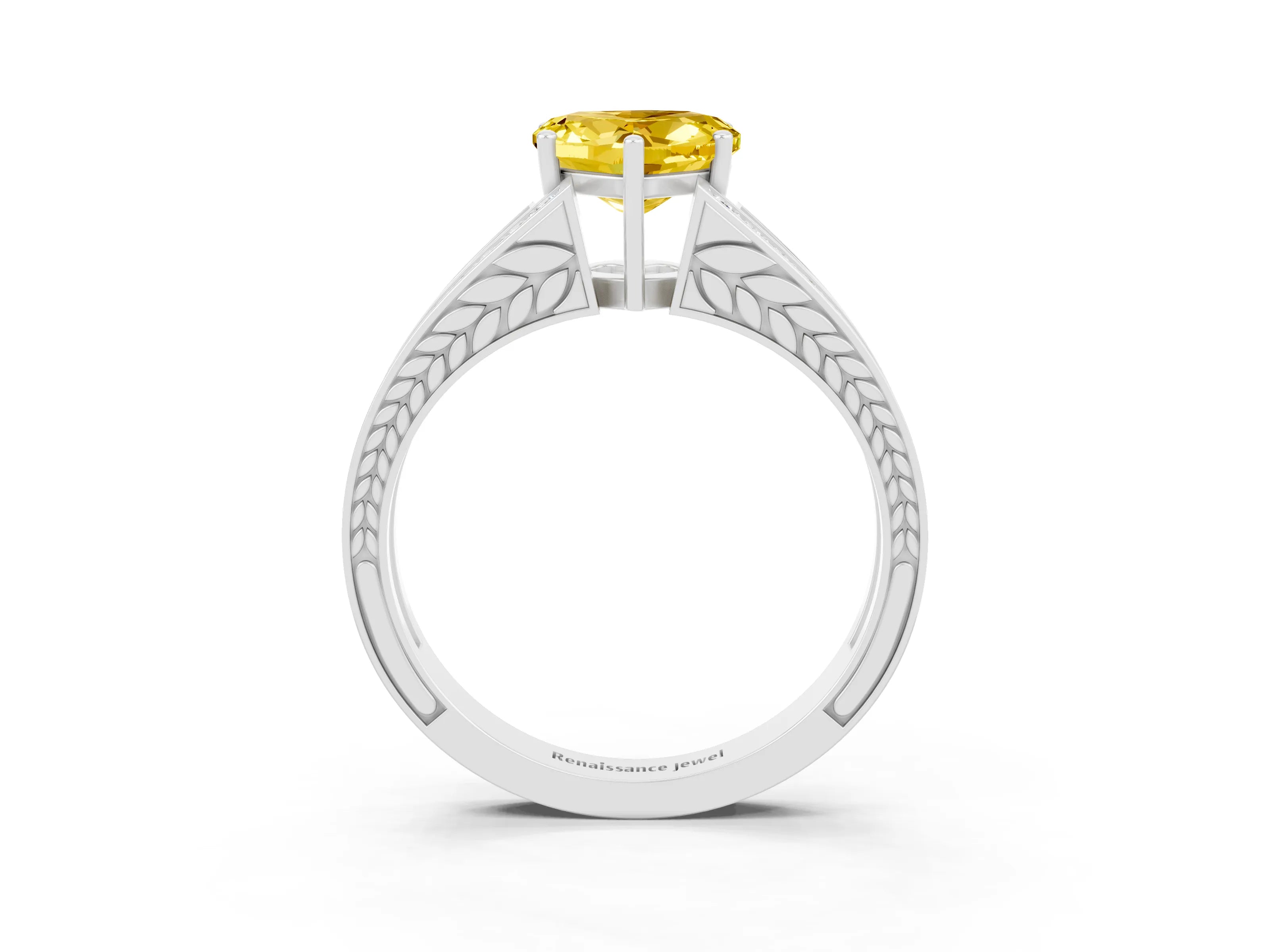 White gold Heart Cut Yellow Sapphire Split Shank Ring with Pavé Band and Four-Prong Setting_3