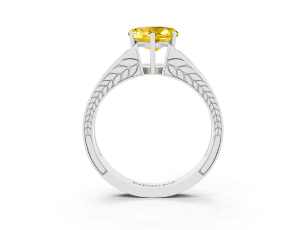 White gold Heart Cut Yellow Sapphire Split Shank Ring with Pavé Band and Four-Prong Setting