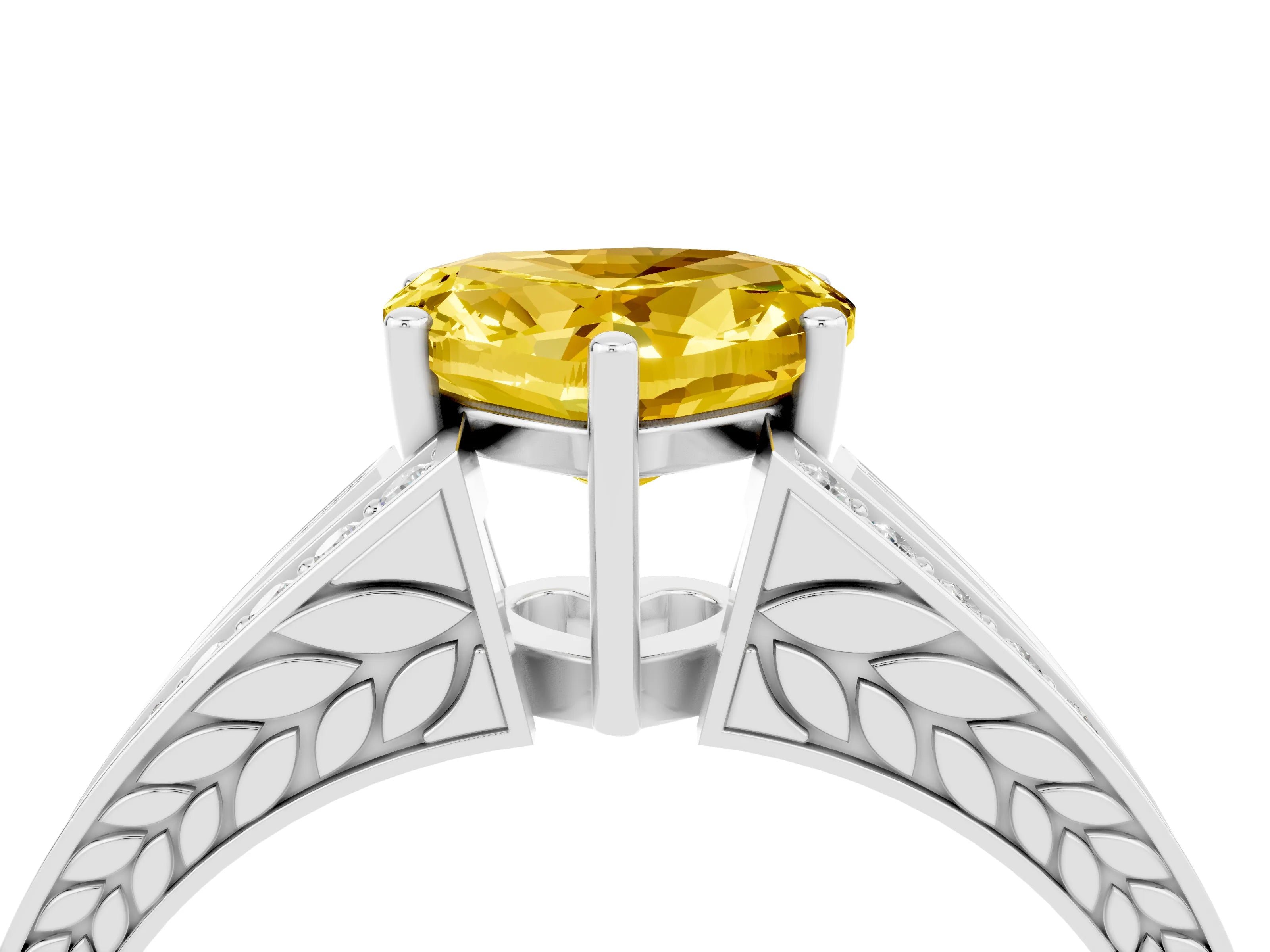 White gold Heart Cut Yellow Sapphire Split Shank Ring with Pavé Band and Four-Prong Setting_4