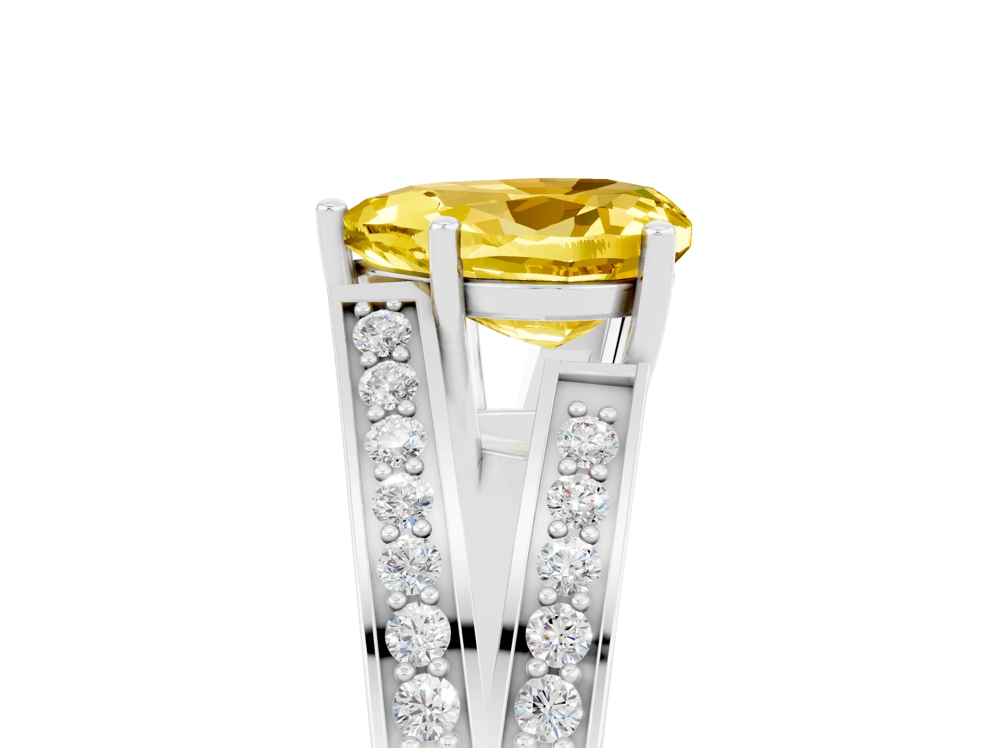 White gold Heart Cut Yellow Sapphire Split Shank Ring with Pavé Band and Four-Prong Setting_5