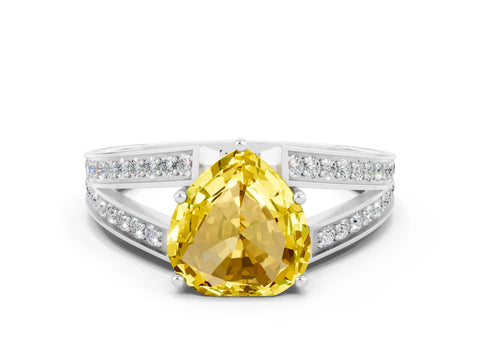 White gold Heart Cut Yellow Sapphire Split Shank Ring with Pavé Band and Four-Prong Setting