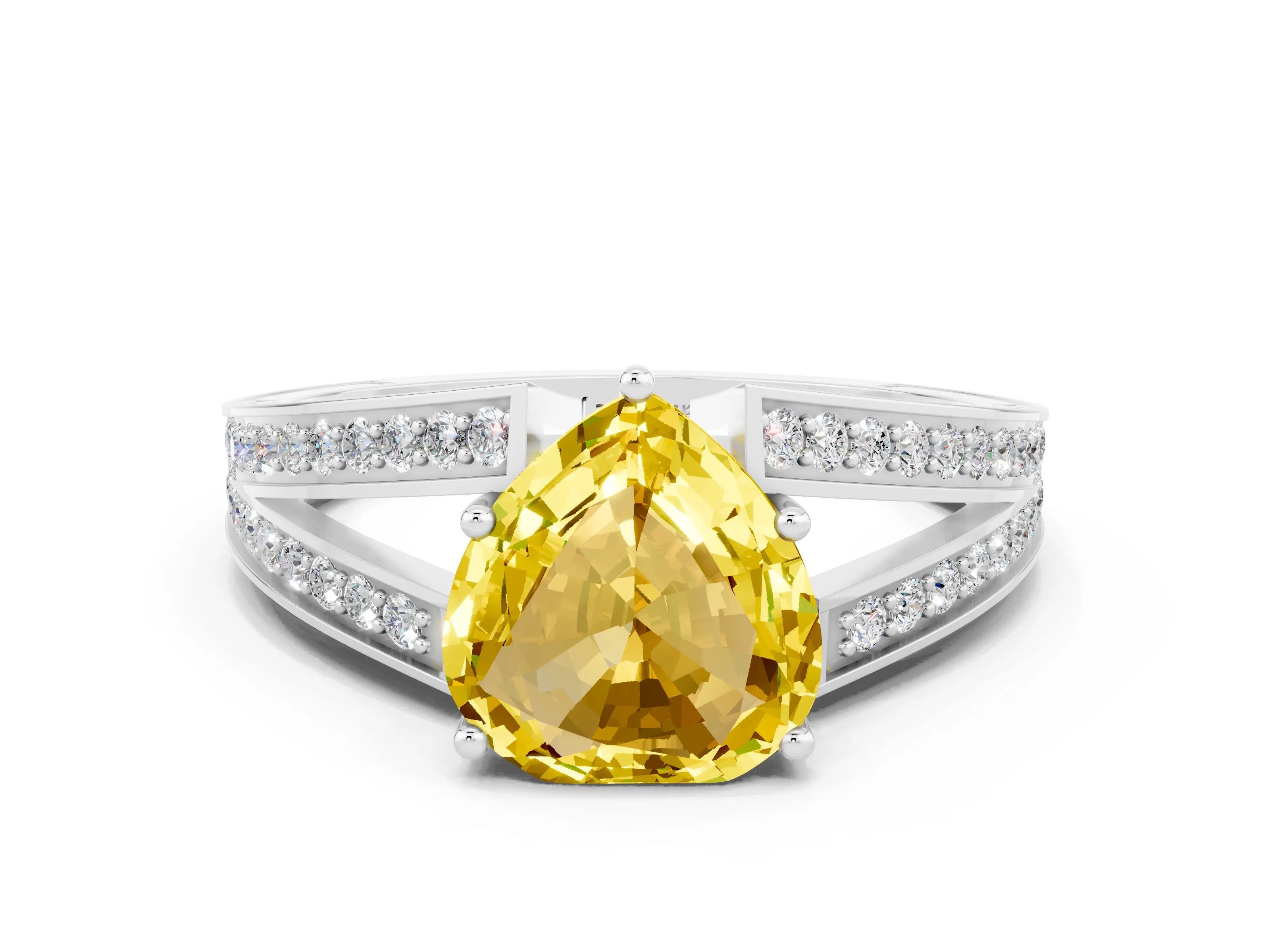 White gold Heart Cut Yellow Sapphire Split Shank Ring with Pavé Band and Four-Prong Setting