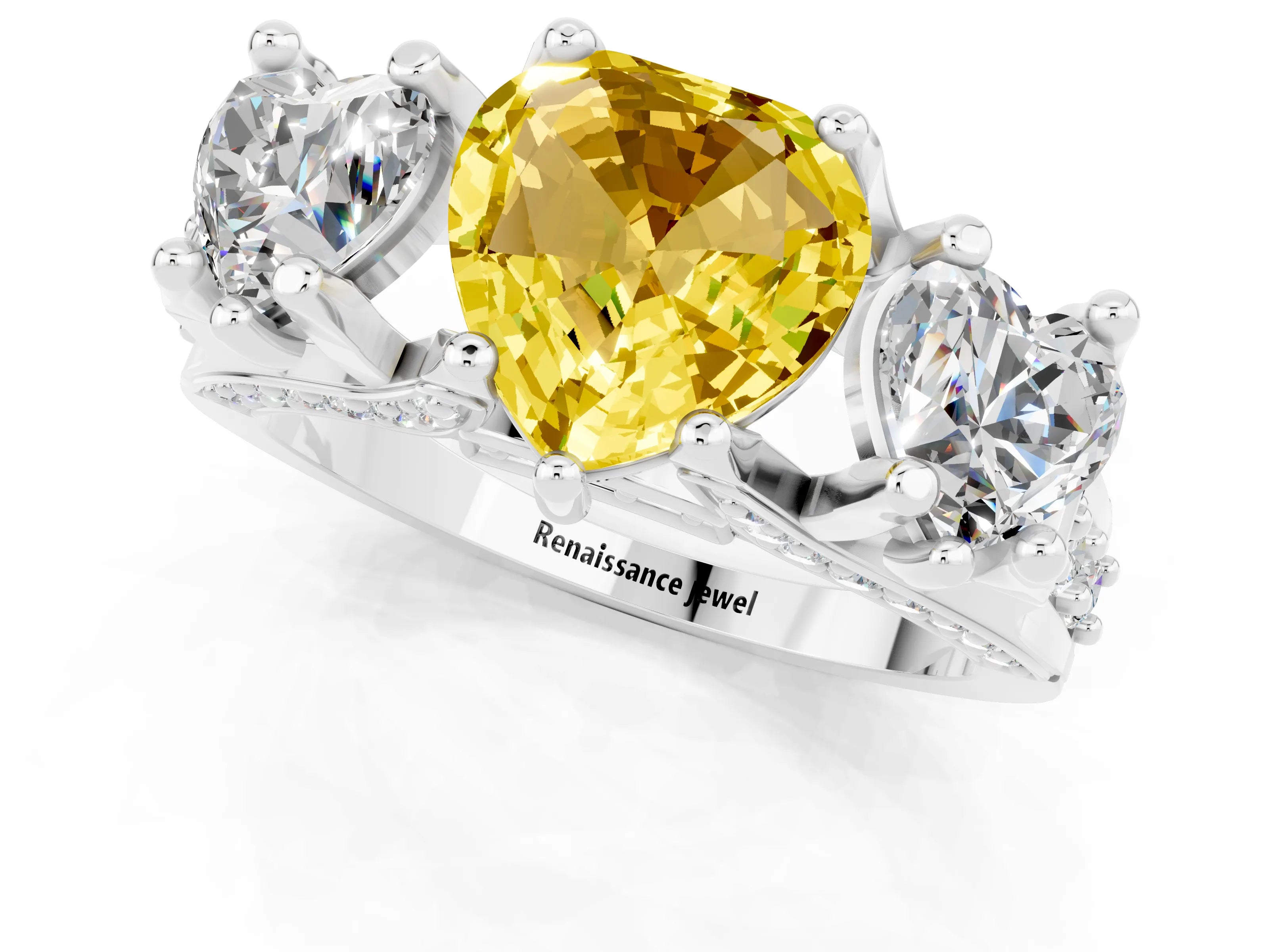 White gold Heart Cut Yellow Sapphire Three-Stone Ring with Channel Set Band and Four-Prong Setting_1