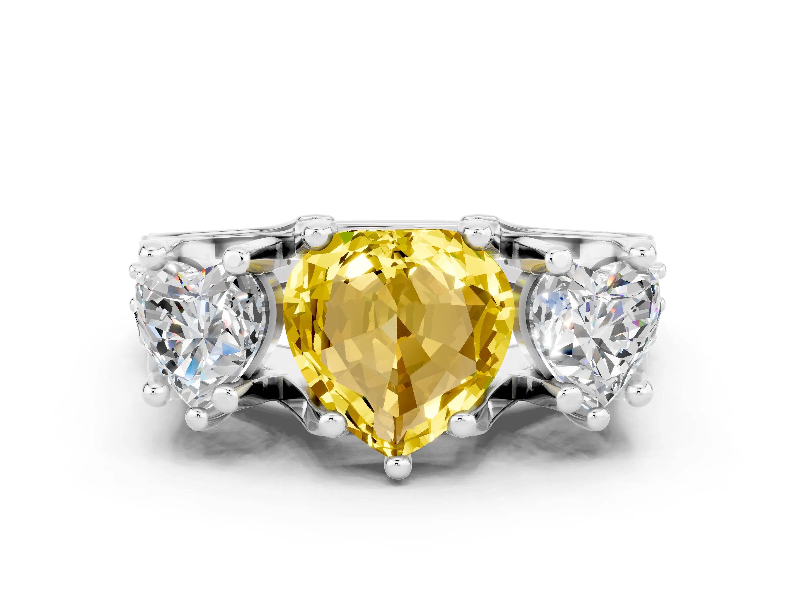 White gold Heart Cut Yellow Sapphire Three-Stone Ring with Channel Set Band and Four-Prong Setting