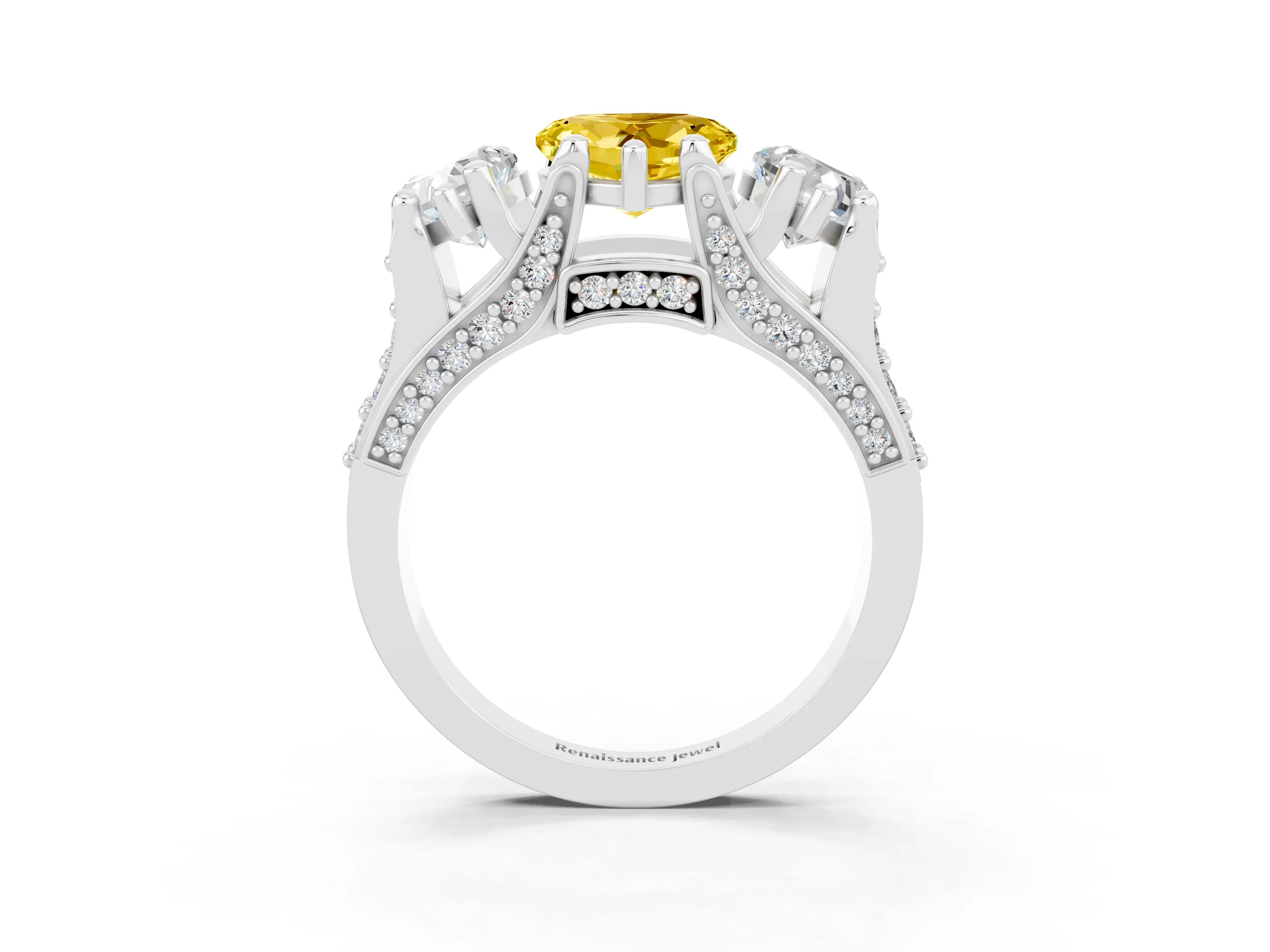 White gold Heart Cut Yellow Sapphire Three-Stone Ring with Channel Set Band and Four-Prong Setting_3