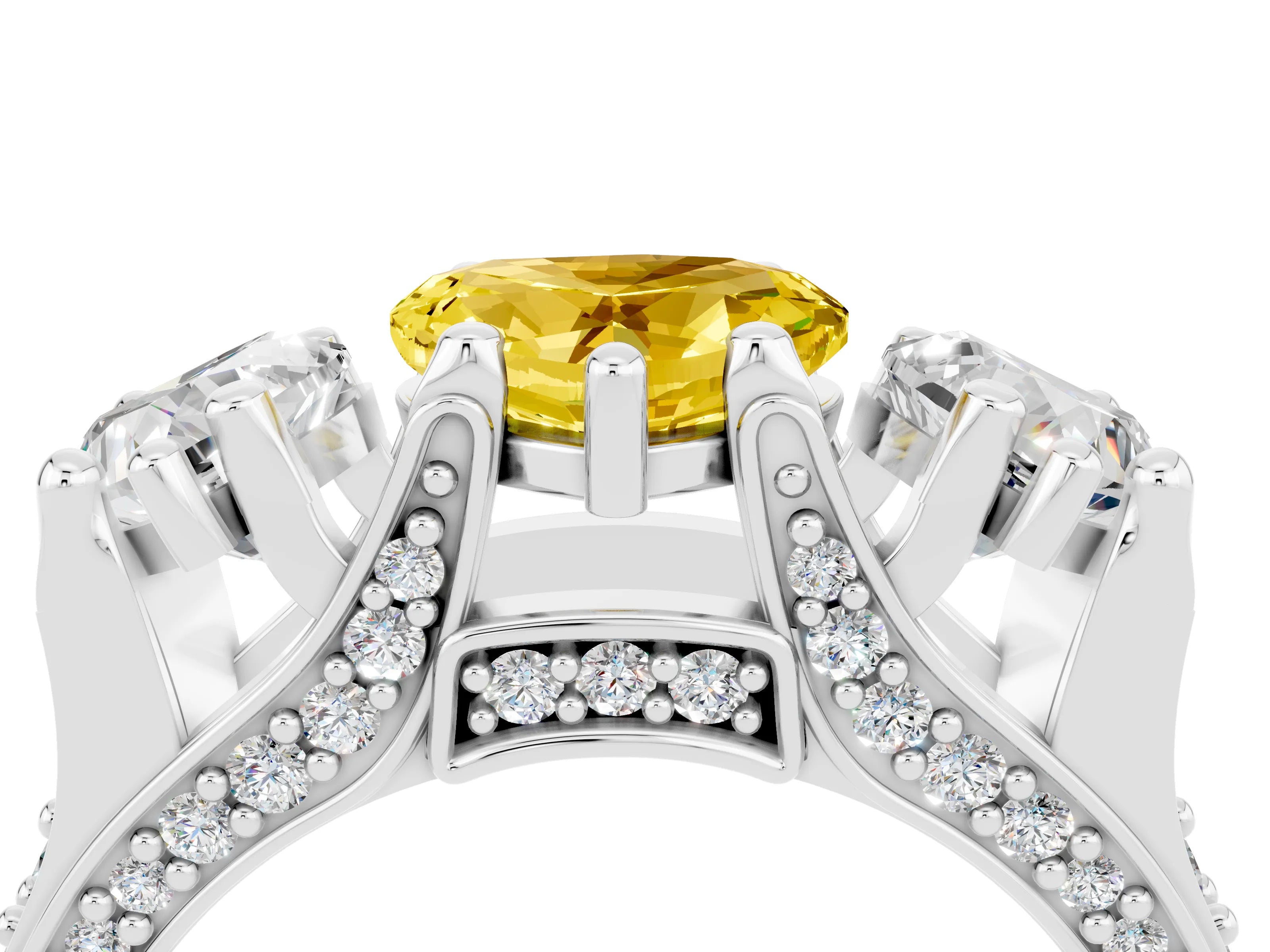 White gold Heart Cut Yellow Sapphire Three-Stone Ring with Channel Set Band and Four-Prong Setting_4