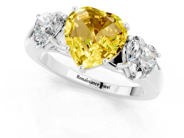 White gold Heart Cut Yellow Sapphire Three-Stone Ring with Four-Prong Setting and Classic Band