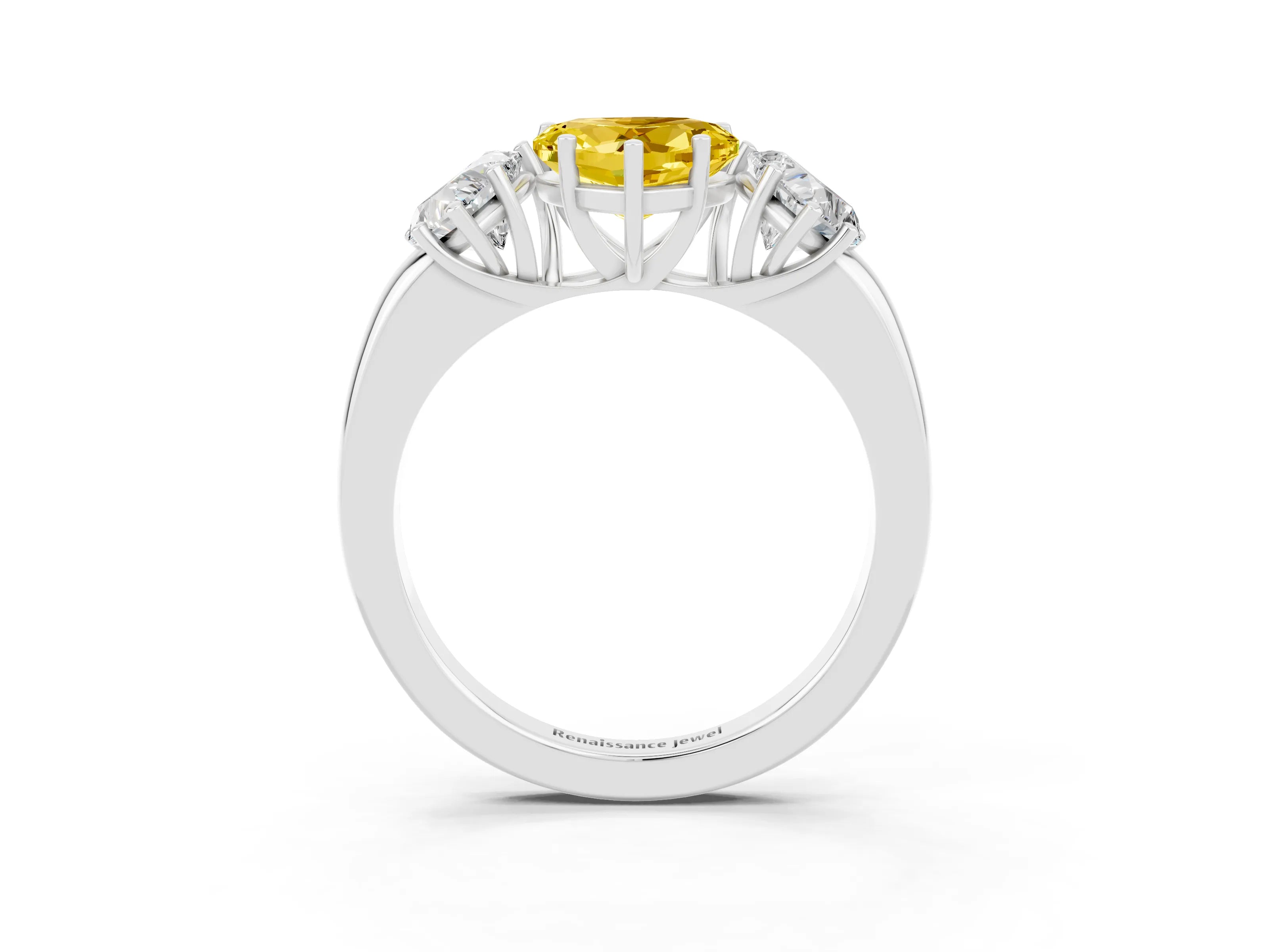 White gold Heart Cut Yellow Sapphire Three-Stone Ring with Four-Prong Setting and Classic Band_3
