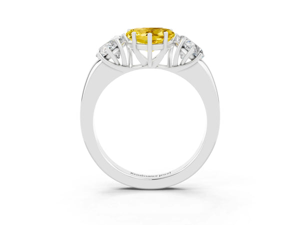 Silver Heart Cut Yellow Sapphire Three-Stone Ring with Four-Prong Setting and Classic Band