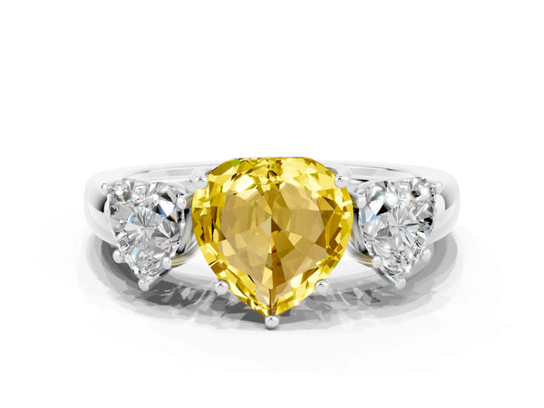 White gold Heart Cut Yellow Sapphire Three-Stone Ring with Four-Prong Setting and Classic Band