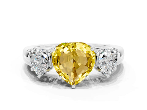 White gold Heart Cut Yellow Sapphire Three-Stone Ring with Four-Prong Setting and Classic Band