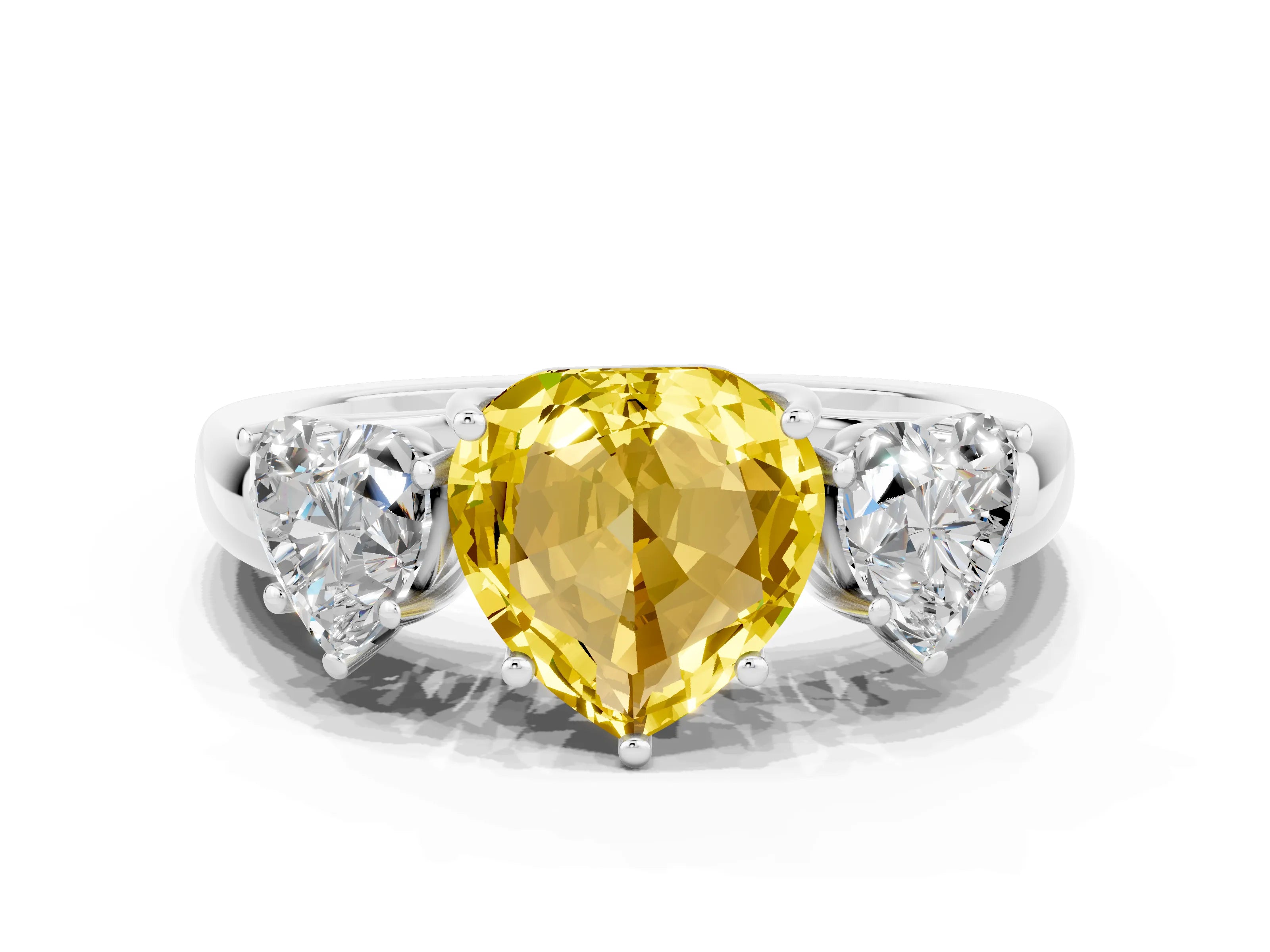 White gold Heart Cut Yellow Sapphire Three-Stone Ring with Four-Prong Setting and Classic Band