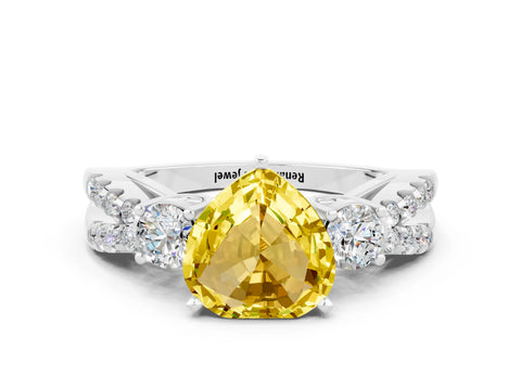 White gold Heart Cut Yellow Sapphire Three-Stone Ring with Pavé Split Shank and Four-Prong Setting_54
