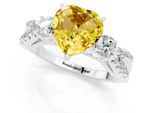 White gold Heart Cut Yellow Sapphire Three-Stone Ring with Pavé Split Shank and Four-Prong Setting_55