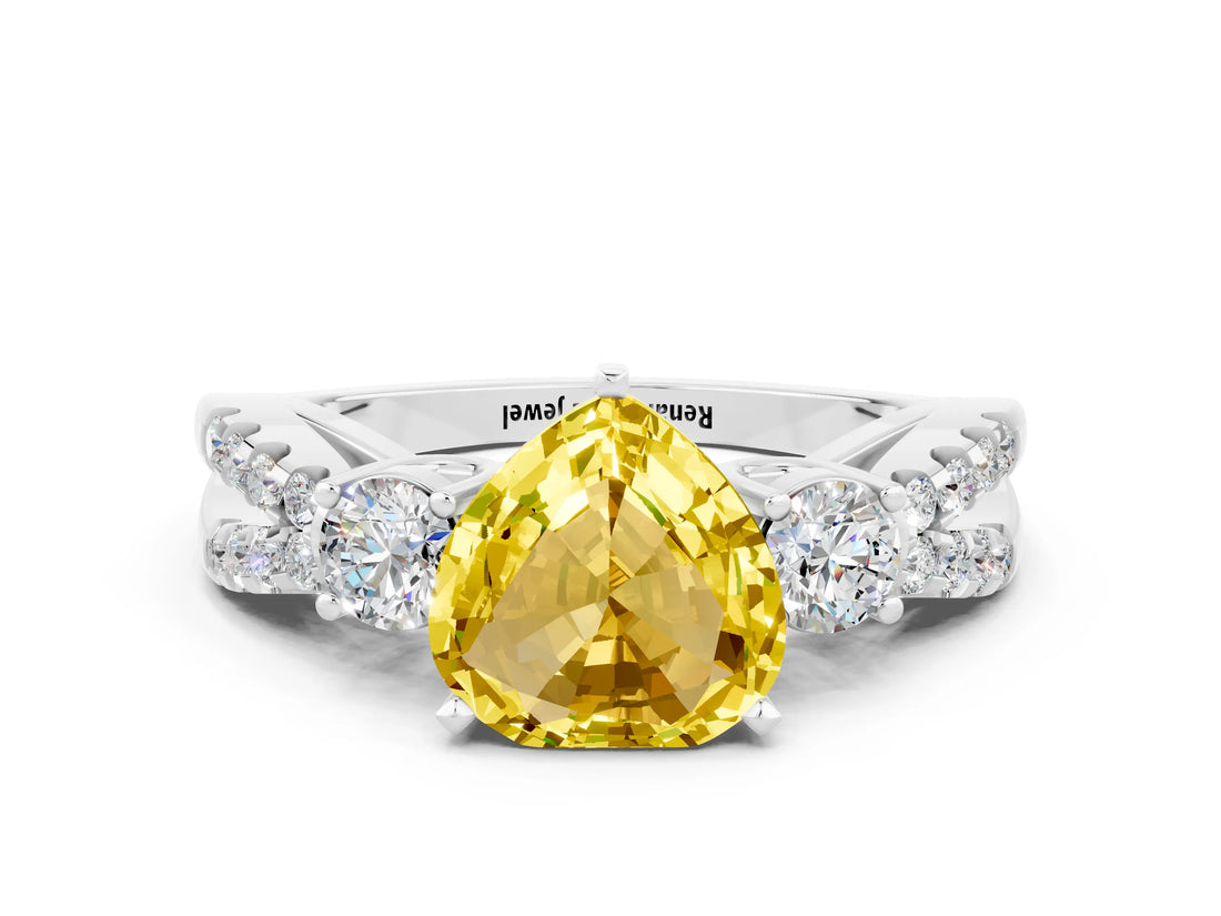 White gold Heart Cut Yellow Sapphire Three-Stone Ring with Pavé Split Shank and Four-Prong Setting_60