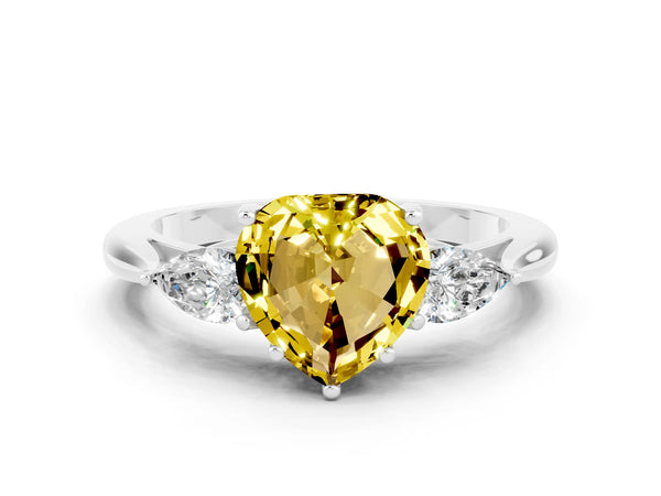 Platinum Heart Cut Yellow Sapphire Three-Stone Ring with Pear  Side Stones and Prong Setting