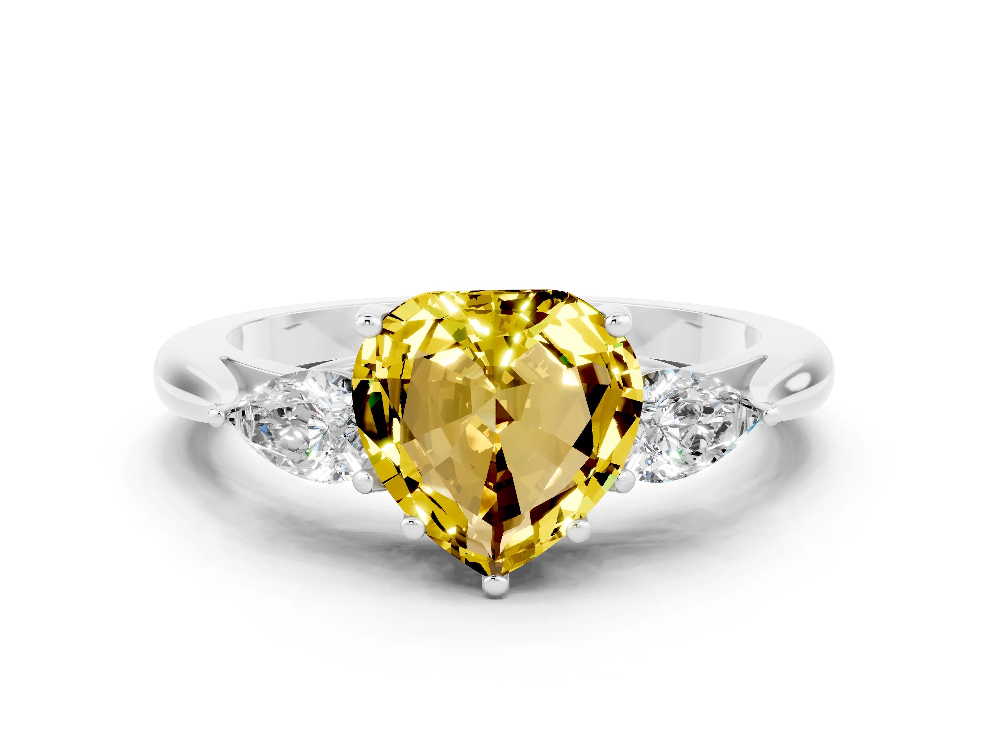 White gold Heart Cut Yellow Sapphire Three-Stone Ring with Pear Side Stones and Four-Prong Setting_12